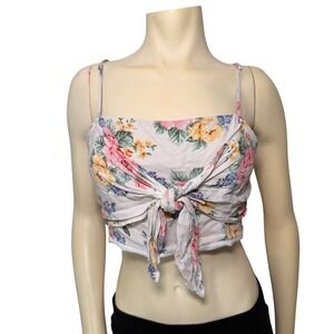Forever 21 Women Floral Tie Front Crop Top Pink Yellow Rose Zipper Back Large